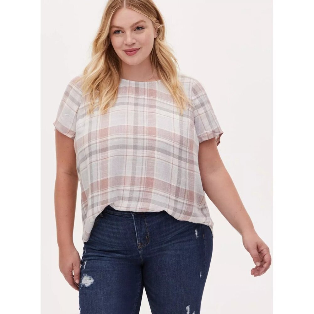Torrid Abbey - Light Pink & Light Grey Plaid Woven Button Back Blouse Sz 5 (5X)